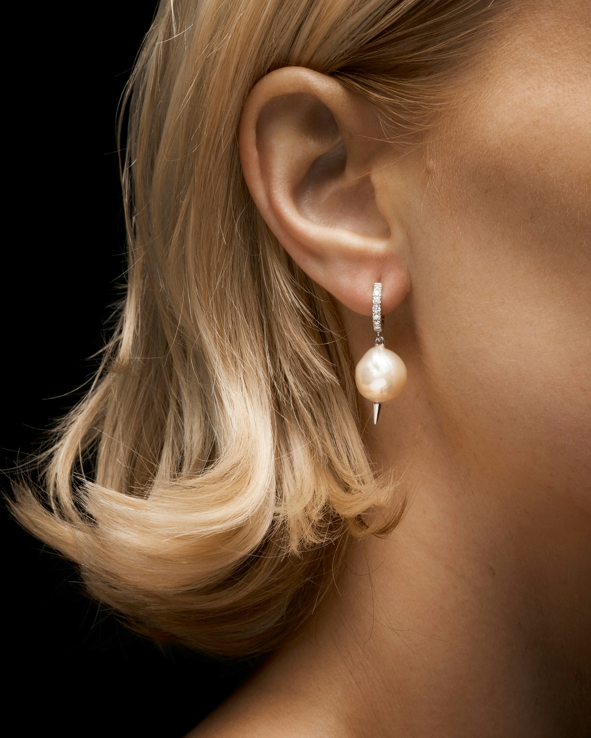 Pierced Pearl Diamond Earring-image-3